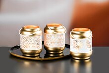 Dekoratief | Theelichthouder 'Mixed', wit/goud, metaal, 8x8x10cm, set van 3 stuks | A248310