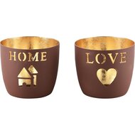 Dekoratief | Theelichthouder 'Home/Love', bruin, aluminium, 10x10x9cm, set van 2 stuks | A248475
