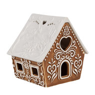 Clayre & Eef | Theelichthouder Kerst Huisje Bruin Wit 9x7x8 cm | 6CE1743