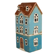 Clayre &amp; Eef   | Theelichthouder Kerst Huisje Blauw Bruin 11x9x22 cm | 6CE1915
