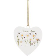 Dekoratief | Hanger hart 'Flowers &amp; Bees', wit, metaal, 11x11cm | A250037