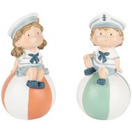 Dekoratief | Kindje op bol, marine, blauw/oranje, resina, 10x10x19cm, set van 2 stuks | A250958