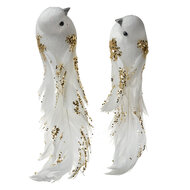 Clayre &amp; Eef   | Decoratie Vogel (Set van 2) Wit Goudkleurig 15x8x5 cm | 66145