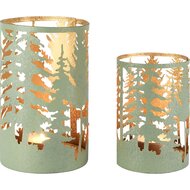 Dekoratief | Set 2 Waxinelichthouders &#039;Pine Forest&#039;, groen/goud, metaal, 13x13x20cm | A258041