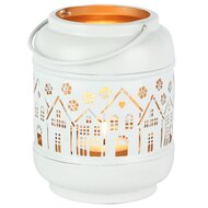 Dekoratief | Windlicht m/handvat &#039;Festive Village&#039;, wit/goud, metaal, 9x9x12cm | A258098