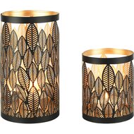 Dekoratief | Set 2 Waxinelichthouders &#039;Stacked Leafs&#039;, zwart/goud, metaal, 12x12x21cm | A258163