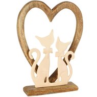 Dekoratief | Deco hart m/poezen, wit/naturel, aluminium/hout, 13x5x15cm | A258281