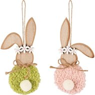 Dekoratief | Hanger bunny, naturel/roze/groen, hout, 14x7x1cm, set van 2 stuks | A250483