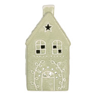 Clayre & Eef | Theelichthouder Kerst Huisje Groen Wit 11x9x21 cm | 6CE2328