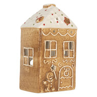 Clayre & Eef | Theelichthouder Kerst Huisje Bruin Wit 9x7x16 cm | 6CE2334