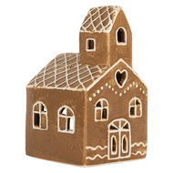 Clayre & Eef | Theelichthouder Kerst Huisje Bruin Wit 10x10x16 cm | 6CE2335