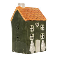 Clayre & Eef | Theelichthouder Kerst Huisje Groen Oranje 9x8x15 cm | 6CE2276