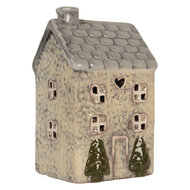 Clayre & Eef | Theelichthouder Kerst Huisje Beige Grijs 9x8x15 cm | 6CE2277