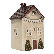 Clayre & Eef | Theelichthouder Kerst Huisje Beige Rood 10x8x15 cm | 6CE2279