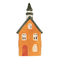 Clayre & Eef | Theelichthouder Kerst Huisje Oranje Groen 10x7x21 cm | 6CE2288