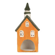Clayre & Eef | Theelichthouder Kerst Huisje Oranje Groen 10x7x21 cm | 6CE2288