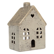 Clayre & Eef | Theelichthouder Kerst Huisje Grijs Beige 11x7x16 cm | 6CE2290