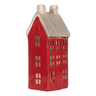 Clayre & Eef | Theelichthouder Kerst Huisje Rood Grijs 7x7x18 cm | 6CE2294