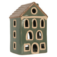 Clayre & Eef | Theelichthouder Kerst Huisje Groen Bruin 9x8x15 cm | 6CE2309