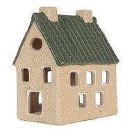 Clayre & Eef | Theelichthouder Kerst Huisje Beige Groen 8x11x14 cm | 6CE2310