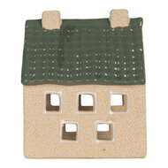 Clayre & Eef | Theelichthouder Kerst Huisje Beige Groen 8x11x14 cm | 6CE2310