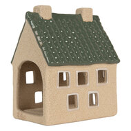 Clayre & Eef | Theelichthouder Kerst Huisje Beige Groen 8x11x14 cm | 6CE2310