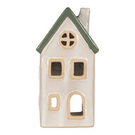 Clayre & Eef | Theelichthouder Kerst Huisje Beige Groen 9x8x18 cm | 6CE2311