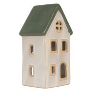 Clayre & Eef | Theelichthouder Kerst Huisje Beige Groen 9x8x18 cm | 6CE2311