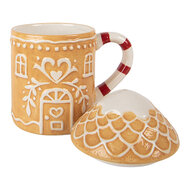 Clayre & Eef | Mok met deksel Bruin Wit 13x10x15 cm / 350 ml | 6CEMU0213