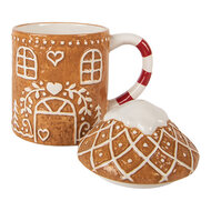 Clayre & Eef | Mok met deksel Bruin Wit 14x10x15 cm / 450 ml | 6CEMU0214