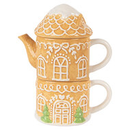 Clayre & Eef | Theepot met Mok Bruin Wit 19x12x23 cm / 550 ml / 450 ml | 6CETE0213