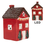 Clayre & Eef | Decoratie Huisje met LED Rood Bruin 6x6x10 cm | 6CE2273
