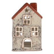 Clayre & Eef | Theelichthouder Kerst Huisje Grijs Rood 8x7x13 cm | 6CE2284
