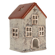 Clayre & Eef | Theelichthouder Kerst Huisje Grijs Rood 8x7x13 cm | 6CE2284
