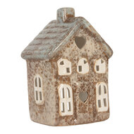 Clayre &amp; Eef   | Theelichthouder Kerst Huisje Beige Groen 9x6x13 cm | 6CE2291
