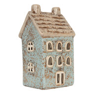 Clayre & Eef | Theelichthouder Kerst Huisje Blauw Beige 8x7x15 cm | 6CE2293