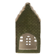 Clayre & Eef | Theelichthouder Kerst Huisje Groen Grijs 7x7x14 cm | 6CE2301