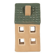Clayre & Eef | Theelichthouder Kerst Huisje Beige Groen 6x6x11 cm | 6CE2307