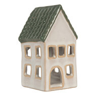 Clayre & Eef | Theelichthouder Kerst Huisje Grijs Groen 7x7x13 cm | 6CE2308