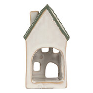 Clayre & Eef | Theelichthouder Kerst Huisje Grijs Groen 7x7x13 cm | 6CE2308