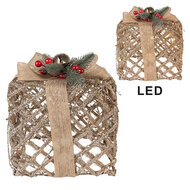 Clayre & Eef | Decoratie cadeau met LED set van 3 Goudkleurig 25x25x30 / 20x20x24 / 15x15x17 cm / 6xAA | 66308
