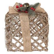 Clayre & Eef | Decoratie cadeau met LED set van 3 Goudkleurig 25x25x30 / 20x20x24 / 15x15x17 cm / 6xAA | 66308