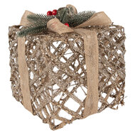 Clayre & Eef | Decoratie cadeau met LED set van 3 Goudkleurig 25x25x30 / 20x20x24 / 15x15x17 cm / 6xAA | 66308