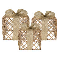 Clayre & Eef | Decoratie cadeau met LED set van 3 Goudkleurig 25x25x30 / 20x20x24 / 15x15x17 cm / 6xAA | 66311