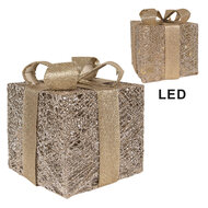 Clayre & Eef | Decoratie cadeau met LED set van 3 Goudkleurig 25x25x30 / 20x20x24 / 15x15x17 cm / 6xAA | 66312