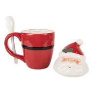 Clayre & Eef | Mok met deksel en lepel Rood Wit 13x9x17 cm / 300 ml | 6CEMU0218
