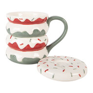 Clayre & Eef | Mok met Deksel Wit Groen 15x10x12 cm / 450 ml | 6CEMU0228