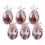 Clayre &amp; Eef   | Decoratie Hanger Ei (set 6) Wit Roze &oslash; 7x10 cm | 66456