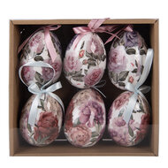 Clayre &amp; Eef   | Decoratie Hanger Ei (set 6) Wit Roze &oslash; 7x10 cm | 66456