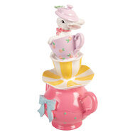 Clayre &amp; Eef   | Decoratie theepot met kopjes gestapeld Wit Roze 16x13x26 cm | 6PR5948